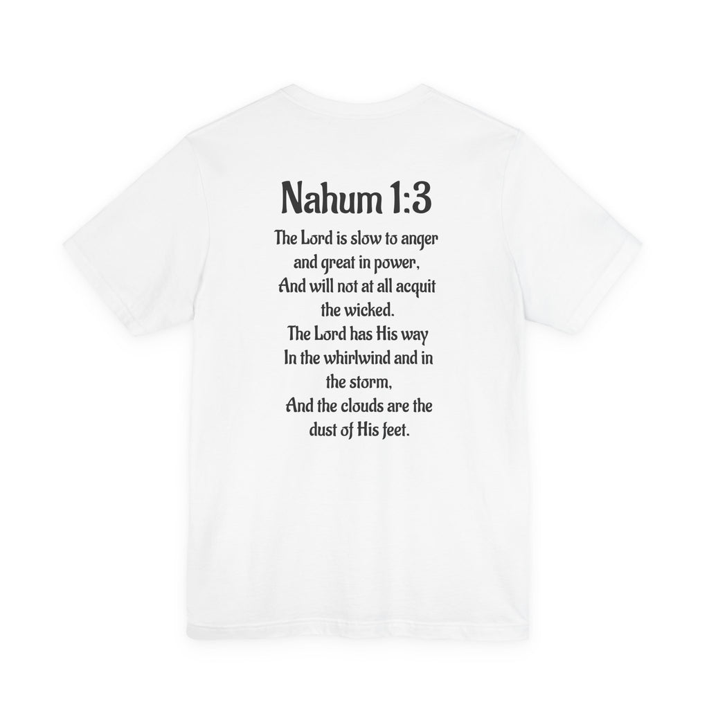 Faith-Inspired Unisex Jersey Tee - Nahum 1:3 Inspirational Message